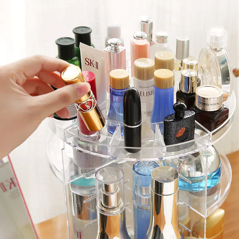 Rotating clear acrylic makeup organizer on a vanity