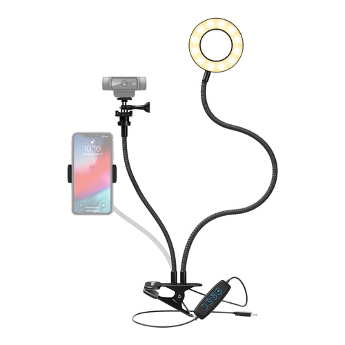 Clip-on selfie ring light with phone holder on a desk