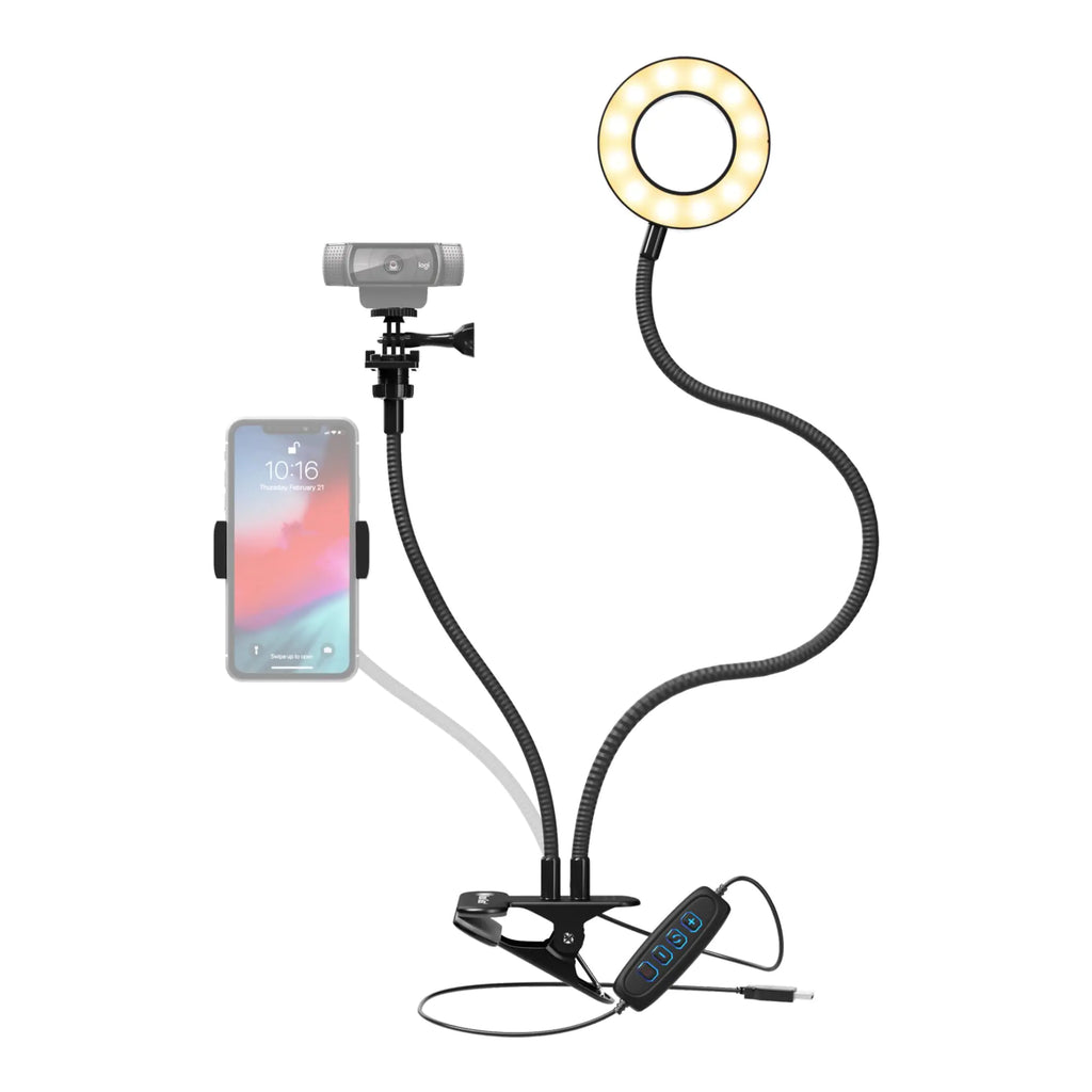 Clip-on selfie ring light with phone holder on a desk