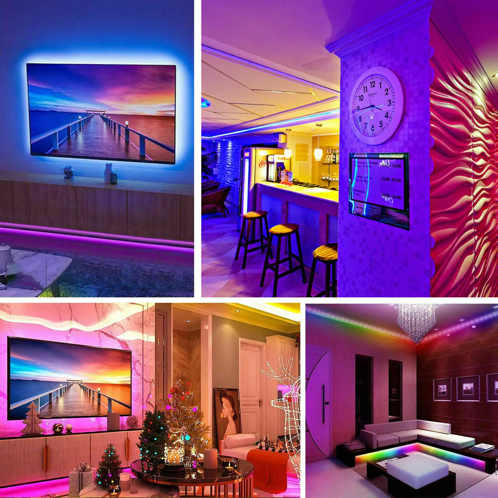 Color changing LED strips on a ceiling